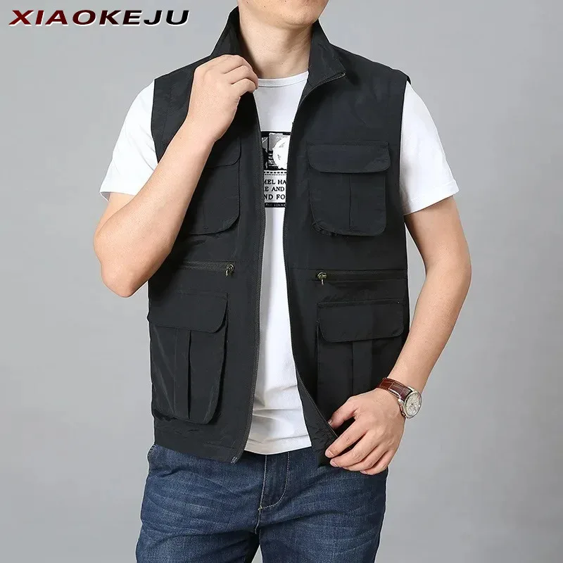 Men Hunting Work Zip Multi Pocket Vest Men's Jackets Waterproof Windbreaker Tactical Leather Vests MAN Camping Sleeveless Jacket
