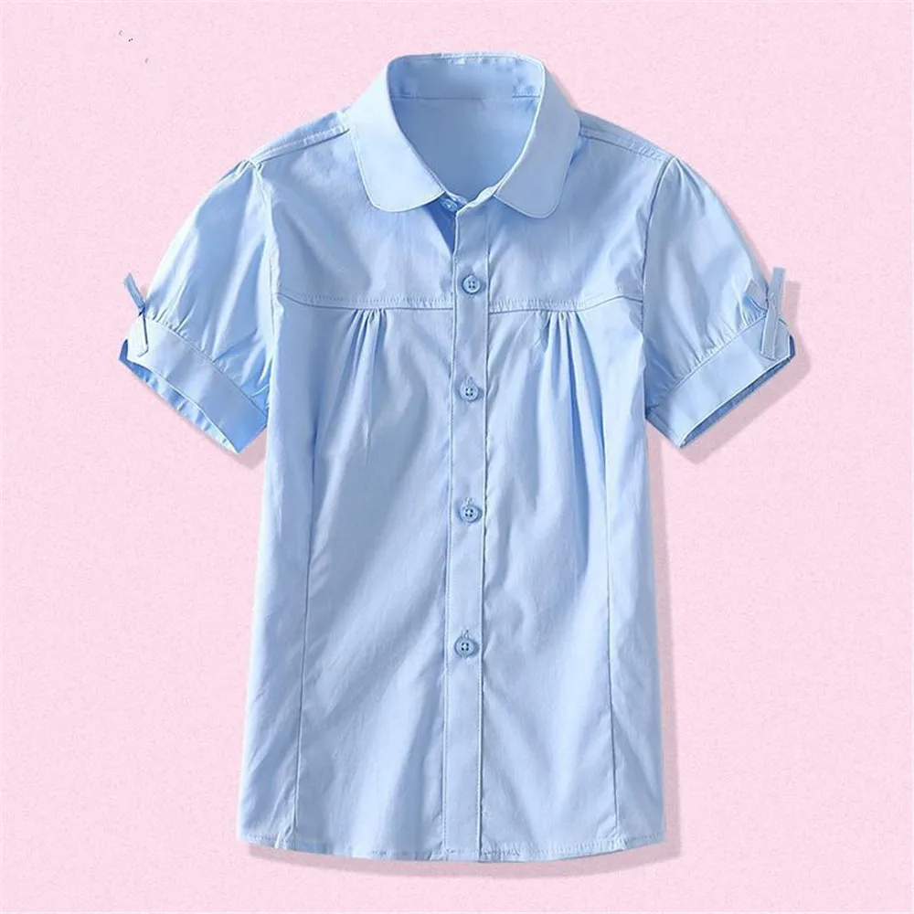 Summrt Autumn Teen Baby Girls Button Shirts Tops Turn-down Collar White Blouse Formal Wear Kids Cotton School Uniform A5962