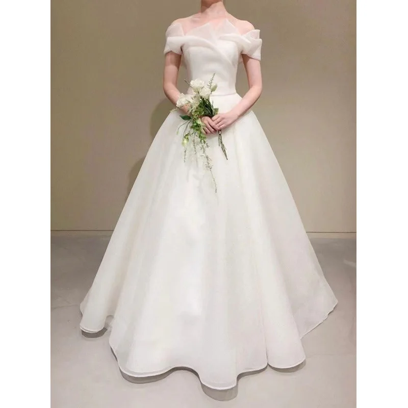 simple Off The Shoulder Korean Wedding Dress New Long Dress Sleeveless Lace Up Wedding Dresses For Woman Custom Made Plus Size