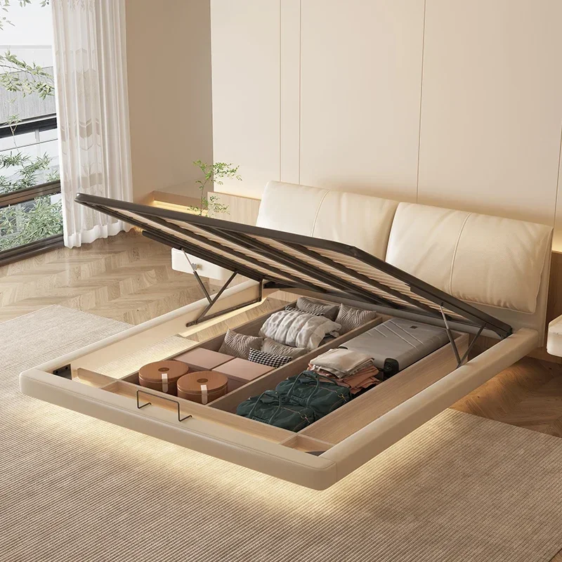 

bed Light luxury suspended storage modern simple master room leather minimalist elephant ear high box cream wind