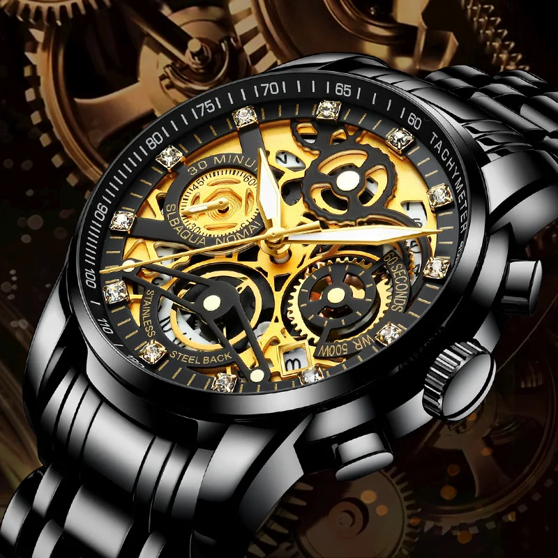 

High-end Men's Quartz Watch Skeleton Luminous Waterproof Non-Mechanical Diver Male Stainless Steel Strap Black Date Watches