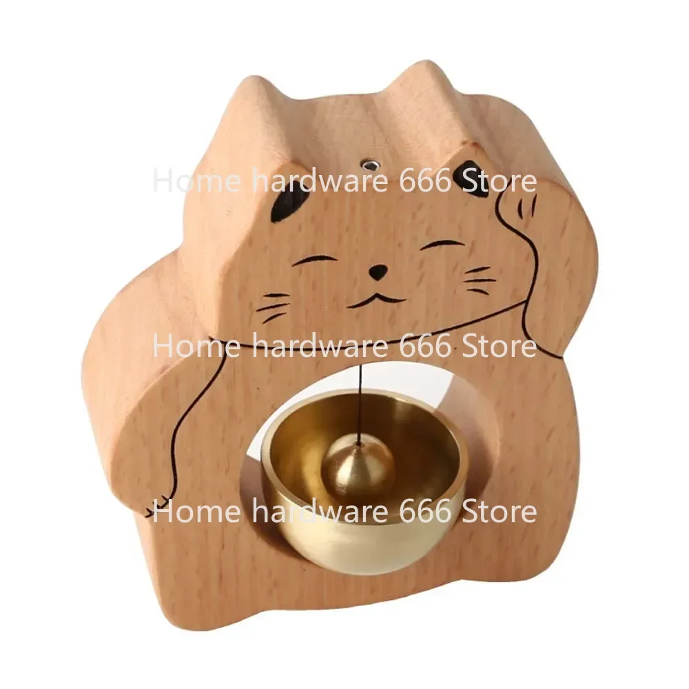 Handmade Maneki-Neko Wind Chime, Vintage Bronze Bell, Solid Wood Door Bell