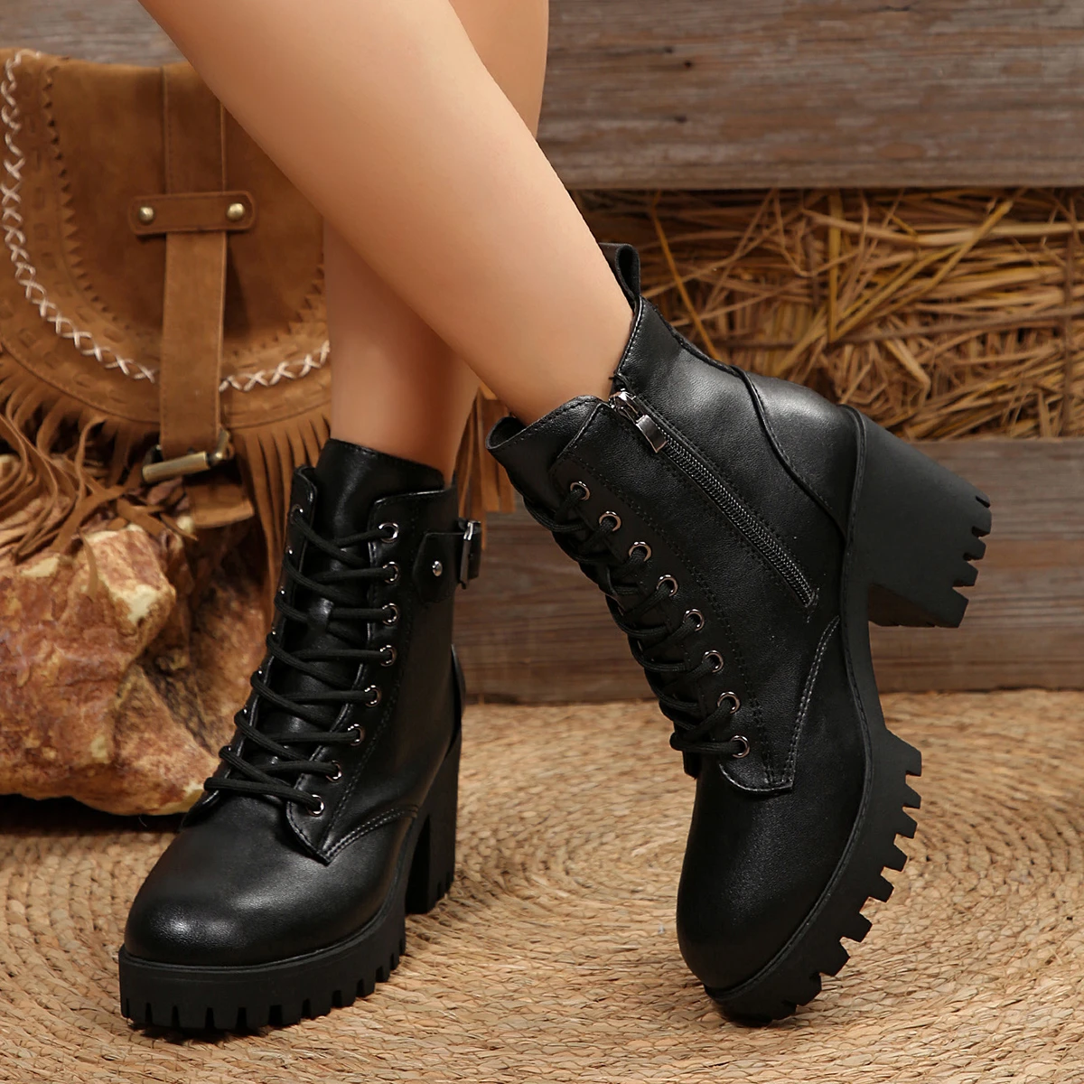 Women's Fashion Boots Side Zip High Heels Round Head Thick Heel Wear-resistant Knight Boots Outdoor Daily Commute Women Shoes