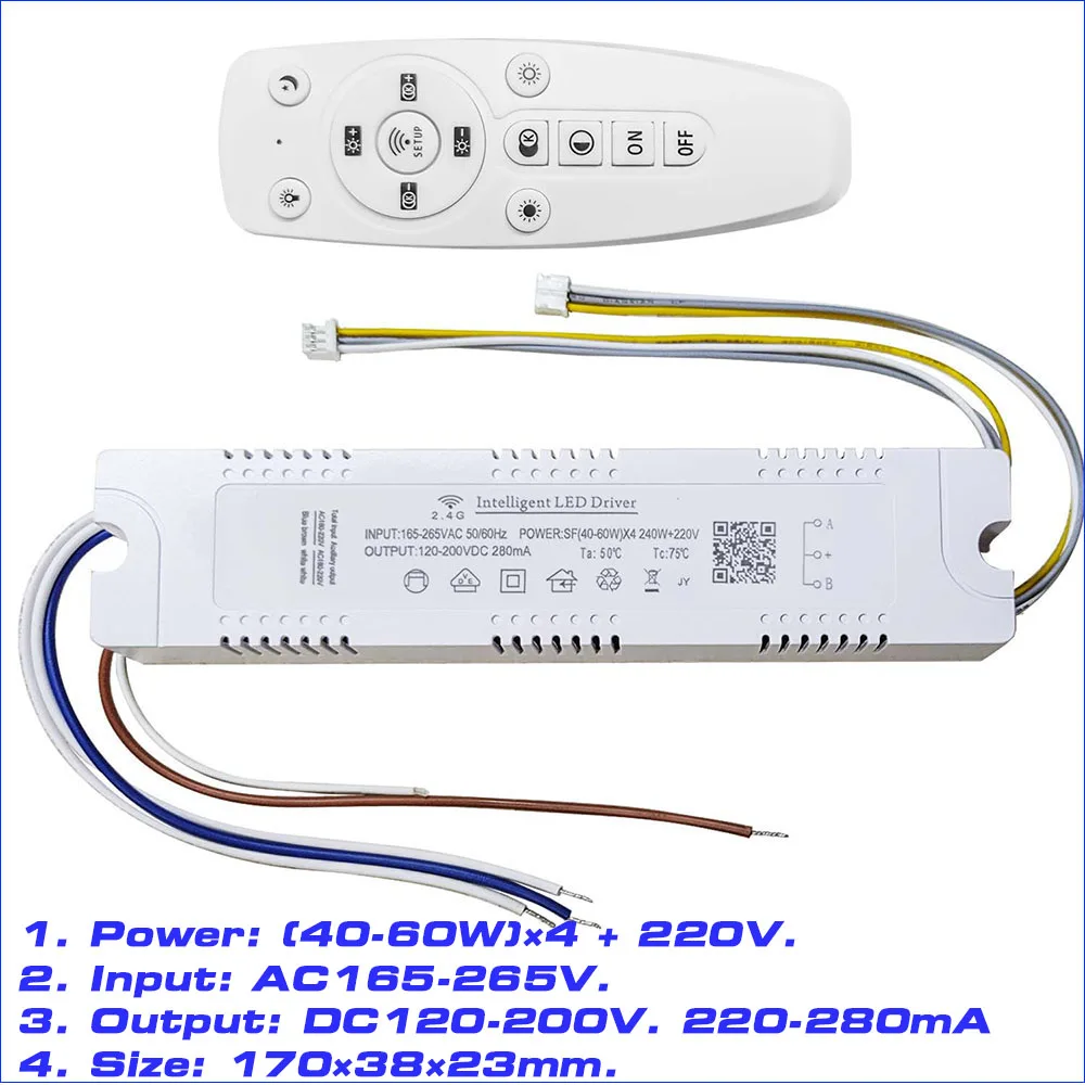Description Picture 4 of item1Pair 2.4G Intelligent LED Driver Module 40-60Wx4 +220V RF Remote & APP Control Color Dimming and Changeable For Ceiling Lamp
