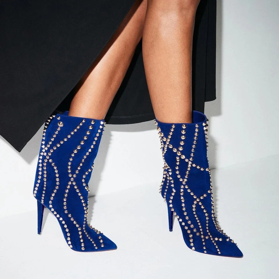 

Metal Decorations Rivets Pointed Toe Stiletto High Heels Women Short Mid-calf Boots Lady Slip-on Solid Blue Banquet Stage Shoes
