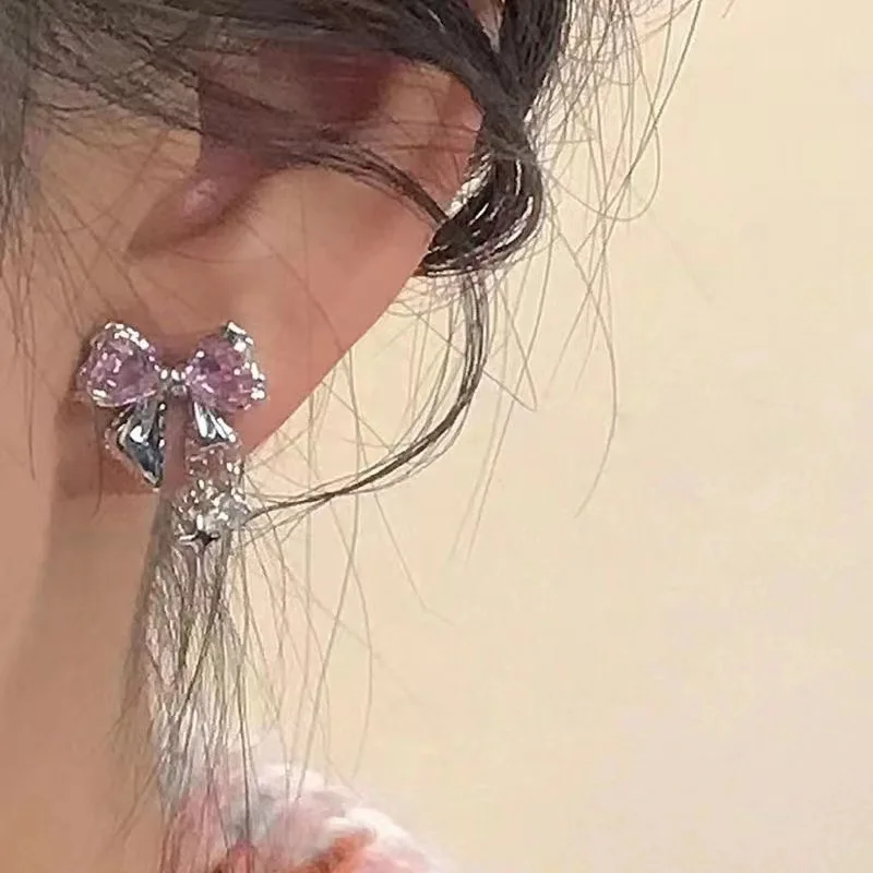 stud earrings Y2K Bowknot Zircon Women Korean Pink Crystal Personality Party Jewelry Gifts