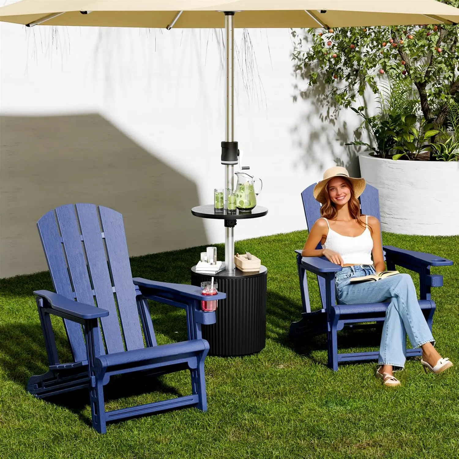 Adirondack Chair. Plastic. No Screws. Cup Holder. 400 LBS. Recliner. Garden Chair. Backyard, Lawn, Beach. Navy Blue.