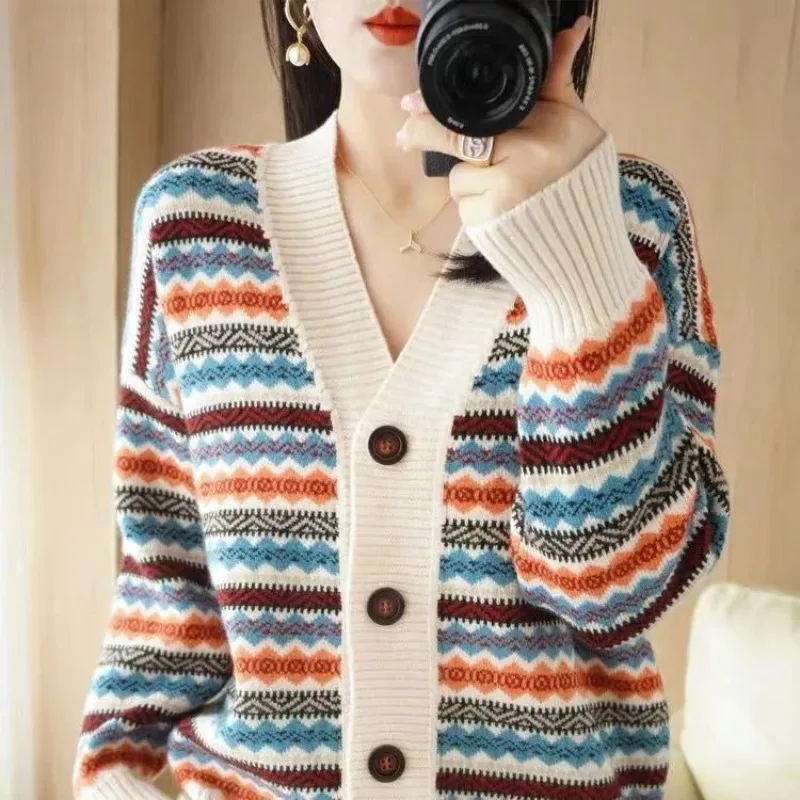 

Autumn and Winter Women's Cardigan V-neck Long Sleeve Spell Colour Printing Striped Geometric Loose Fashion Casual Sweaters Tops