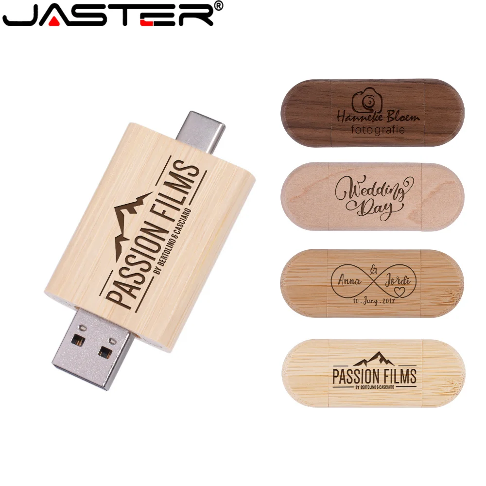 JASTER 10 개/몫 USB 플래시 드라이브 TYPE-C 2 in 1 메모리 스틱 2.0 나무 Pendrive 4GB 16GB 32GB 64GB 128GB 무료 로고 결혼 선물