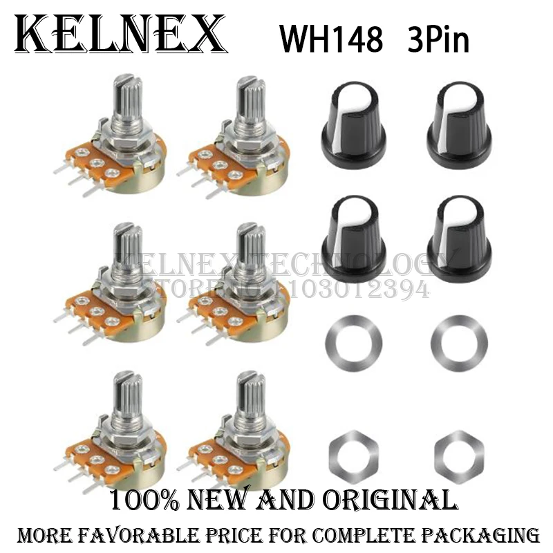 5 Sets WH148 1K 10K 20K 50K 100K 500K Ohm 15mm 3 Pin Linear Taper Rotary Potentiometer Resistor for Arduino with AG2 White cap