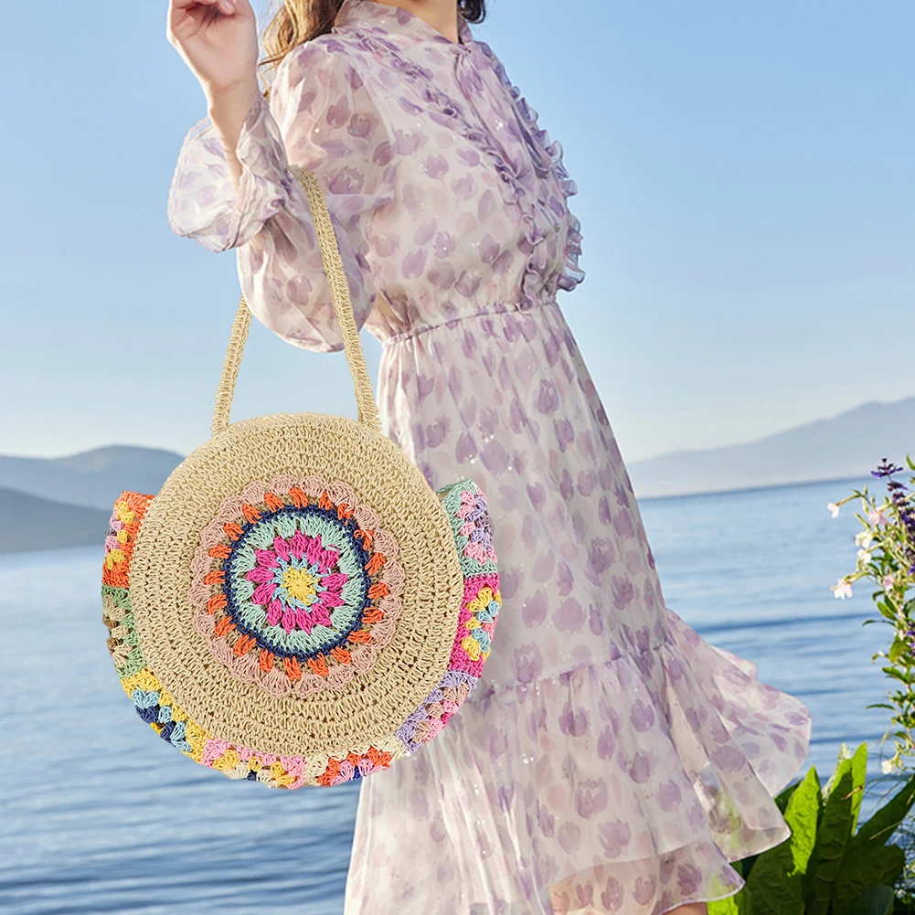 Straw Woven Round Tote Bag for Women Summer Beach Vacation