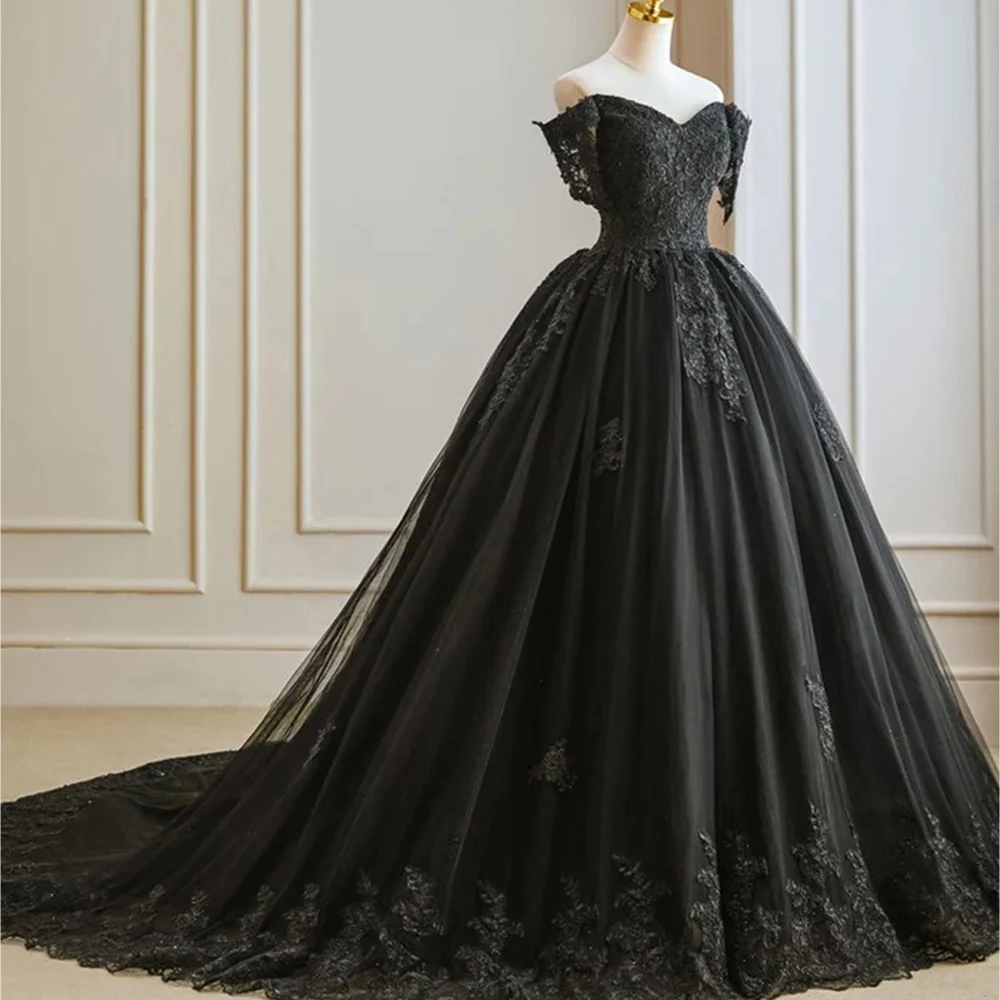 

Vintage Black Off The Shoulder Sweetheart Lace Applique Ball Grown Wedding Dresses Sweep Train Custom Made 2024 Vestido De Noiva