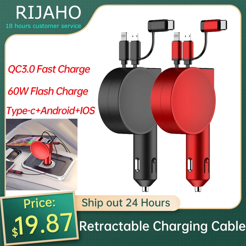 

2022 Portable Car Charger 60W 3 in 1 Fasting Charging Universal USB Type-C Micro IOS 80cm 2 cables Telescopic For Smartphones