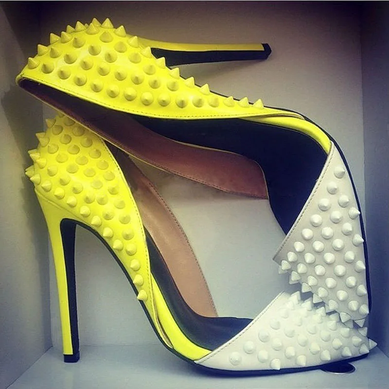 

Ladies Full Rivets Studded Gap Open Pumps Women Thin High Heels Pointed toe Neon Patchwork Cut-outs Banquet Pumps Shoes Women