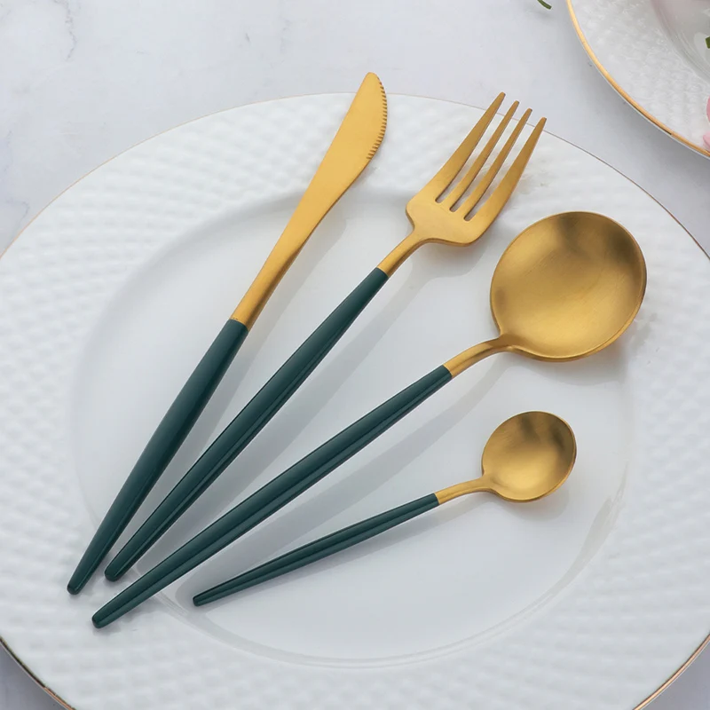 

4/16/24Pcs Luxury Dinnerware Set Stainless Steel Flatware Set Black Gold Matte Tableware Knives Fork Spoon Set Western Food Set