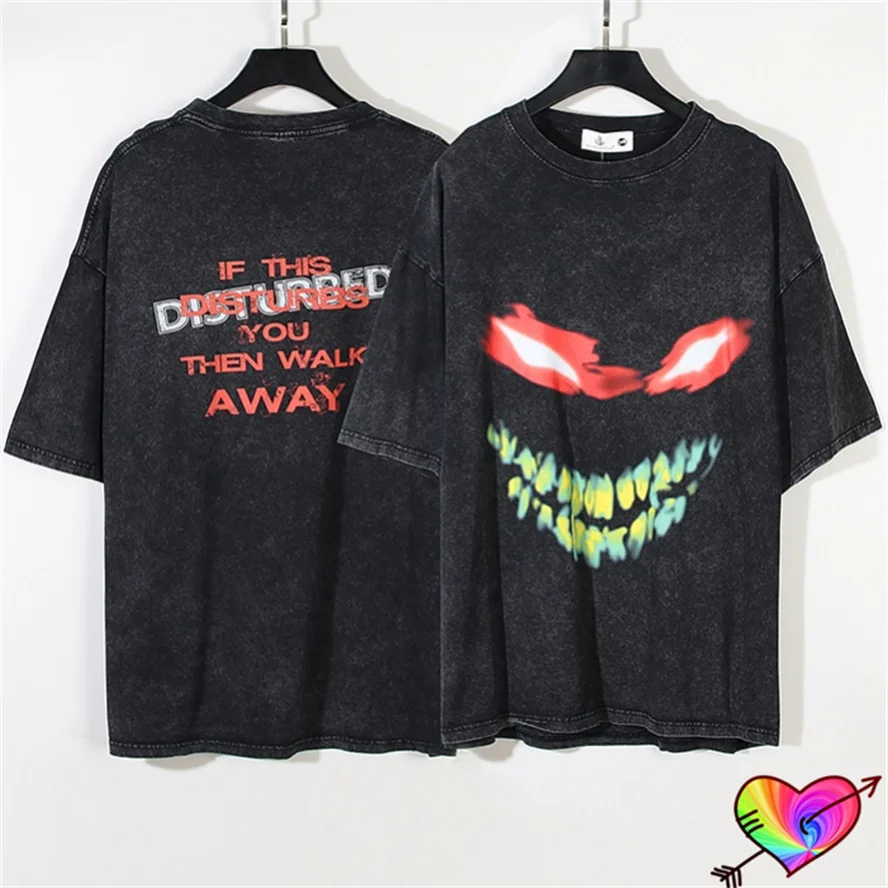 T-Shirt Vintage Black Demon Di Alta Qualità Uomo Donna Wash Devil T-Shirt Logo Rotto Top Monster Manica Corta