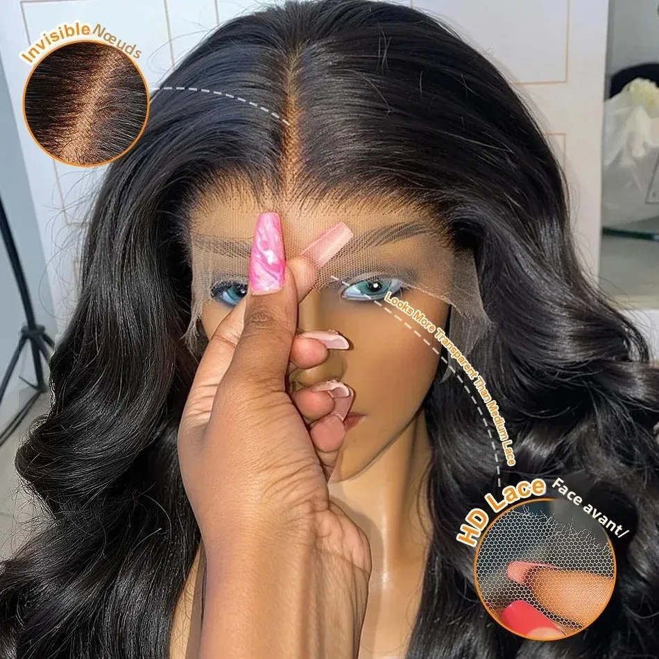 Perruques frontales en dentelle 13×4 13×6 en cheveux humains densité 250, Ondulation Body Wave, HD 5×5, Perruque frontale sans colle, Noir, Ondulation Loose Water, 40 pouces, avec closure, Prête à porter