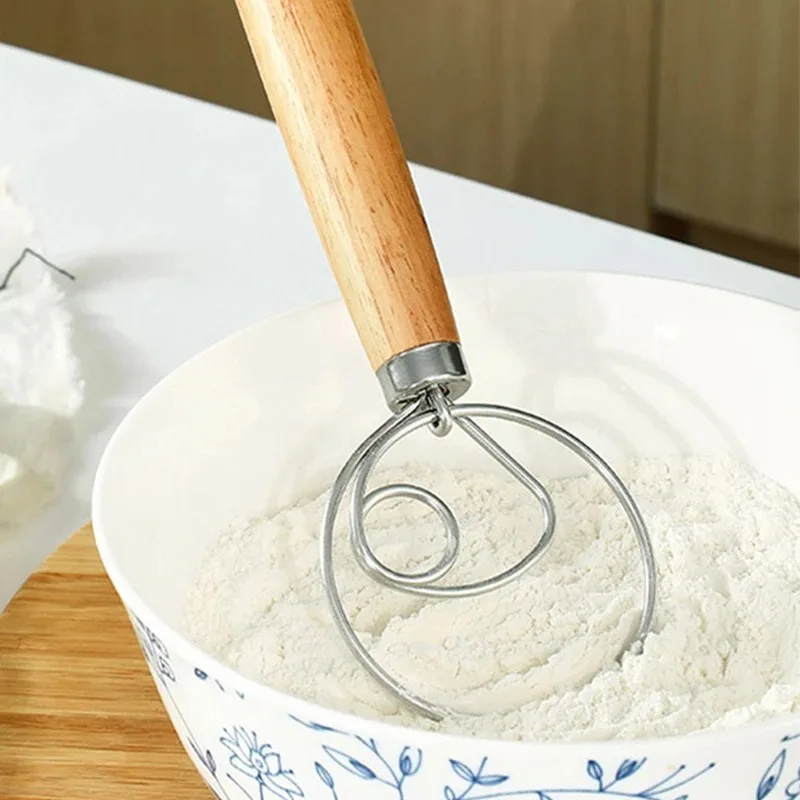 13inch Danish Dough Whisk Stainless Steel Dutch Style Bread Dough Hand Mixer Wooden Handle Kitchen Baking Tools Artisian Blender