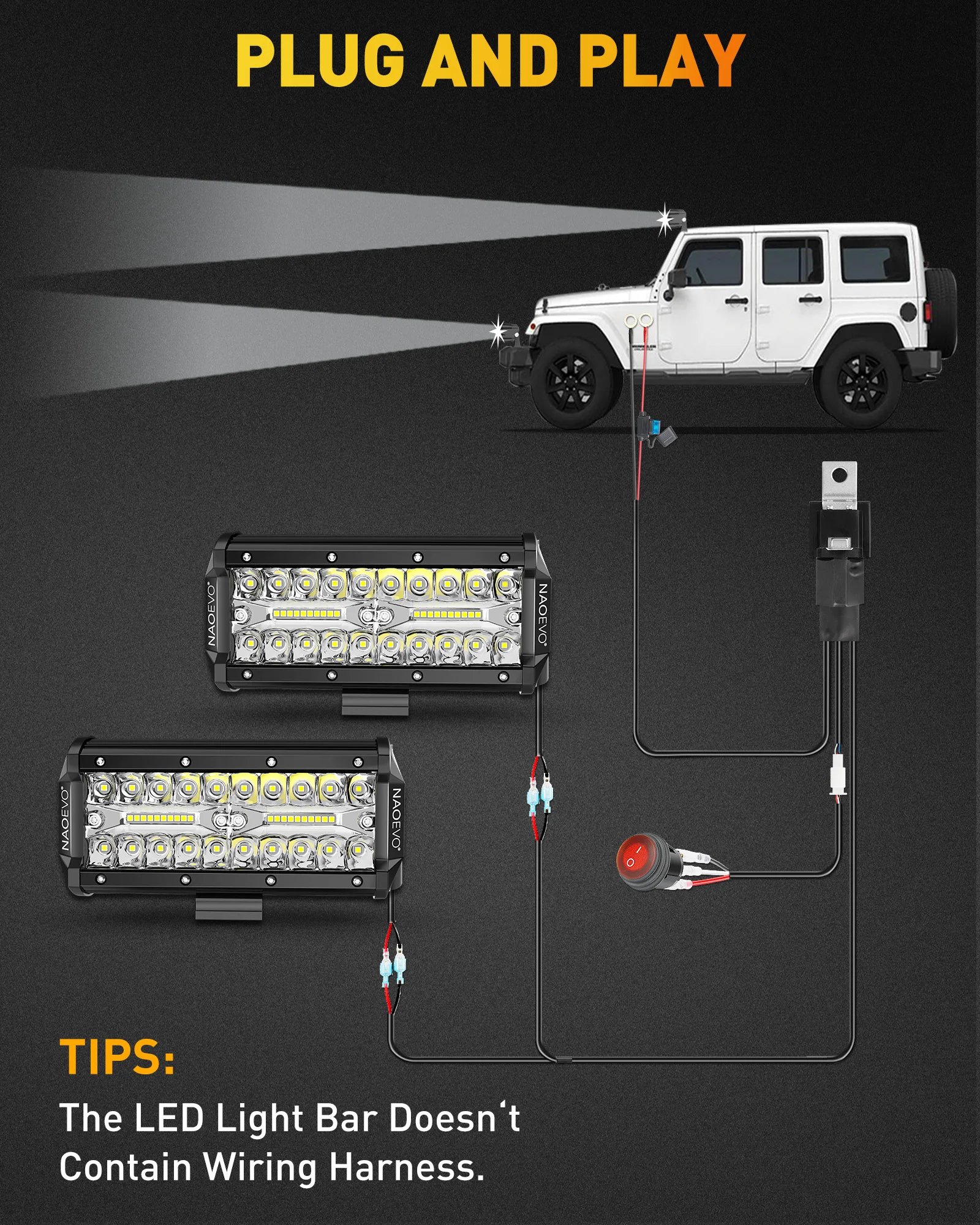 NAOEVO 7 inch LED Light Bar 240W 24000LM 4x4 Offroad Spot Flood Combo Fog LED Waterproof Work Lights for Truck Boat UTV ATV Jeep