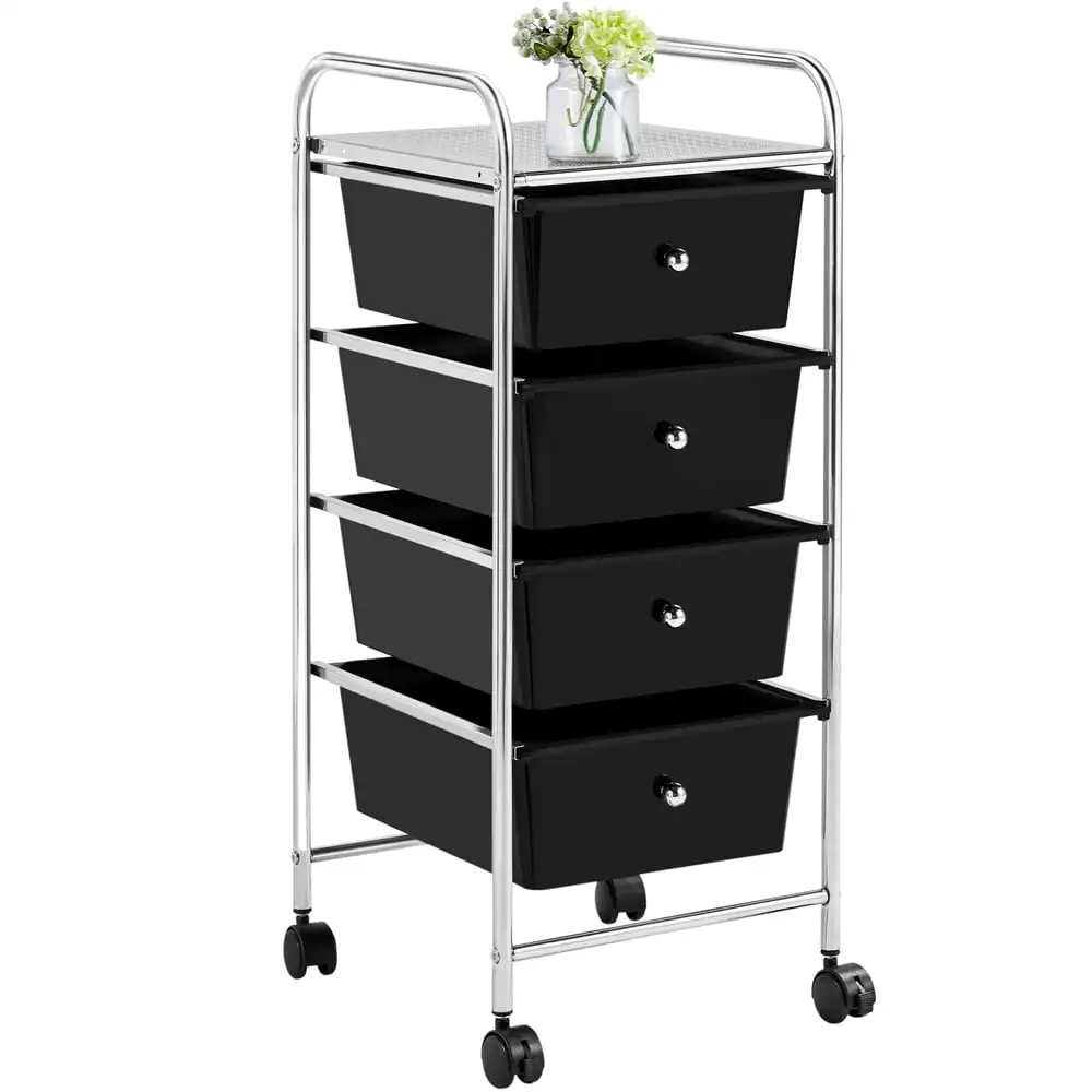 Rolling Storage Trolley Storage Cart Bin with 4 Plastic Drawers on Wheels, Black medical trolley nursing trolley cart price hospital medical abs plastic hospital furniture commercial furniture