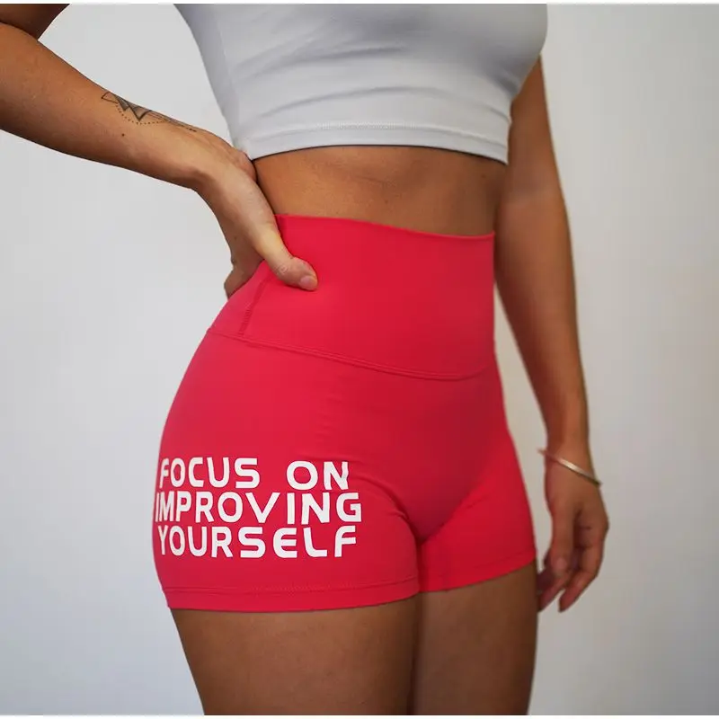 Sports Fitness Shorts Focus English Printing Women's Elastic High Waist Hip Lift Yoga Sports Cotton Shorts Women
