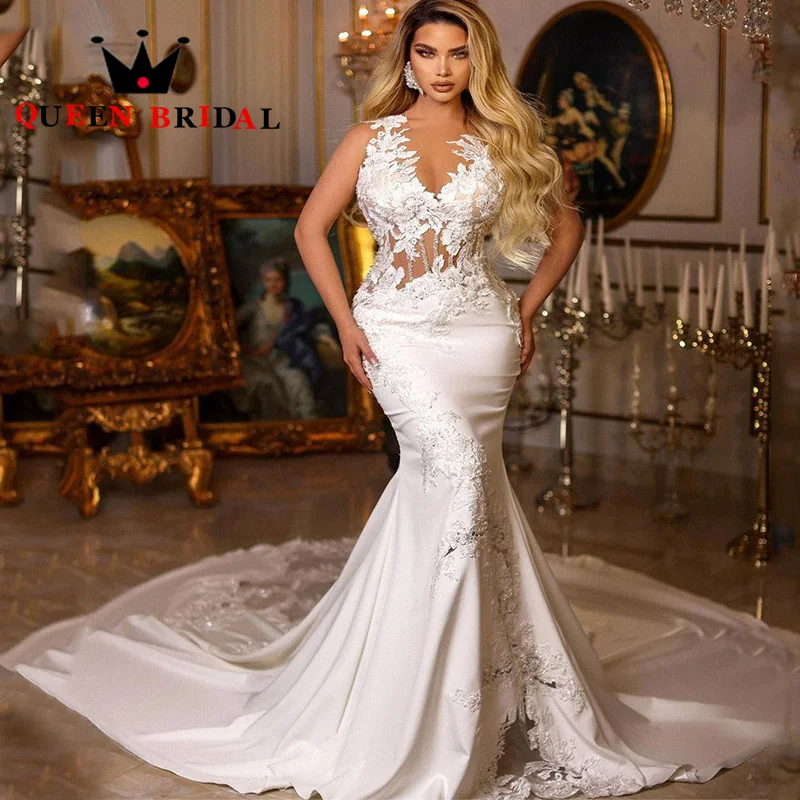 

Charming Sequined Lace Beading Wedding Dresses Mermaid V Meck Sleeveless Floor Length Bridal Gowns Robe De Mariée Custom Y17X