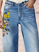Plus Size High-Waisted Straight-Leg Jeans for Women, Vintage Embroidered Yellow Casual Fashion Plus Size Women's Denim Trousers - Image 4