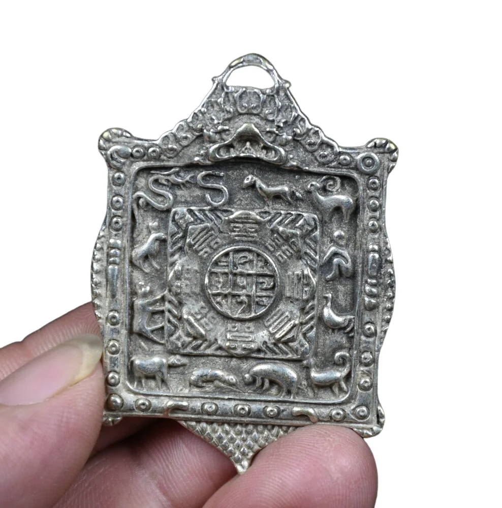 5.5Cm Old China Miao Silver 12 Zodiac Year Otto Diagrammi Ciondolo Collana Fortunata