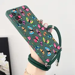Butterfly Charm Crossbody Lanyard Silicone Phone Case - Samsung A14 5G (Dark Green)
