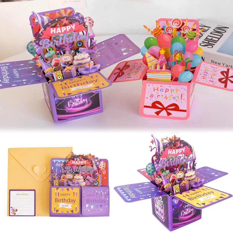 3D Pop Up Happy Birthday Greeting Card Gift Greeting Cards For Birthday With Envelope Blessing Postcard Party Gifts