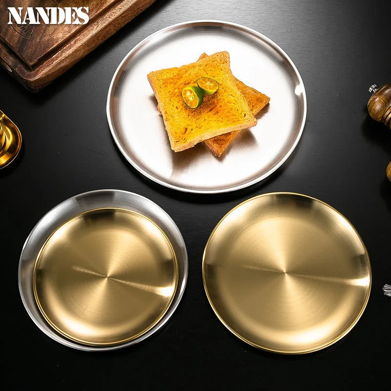 Stainless Steel Plates 14/17/20/23/26/30CM Stainless Steel Bone Spitting Dish Gold Silver Shallow Tray Dining Disc