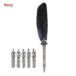 Vintage Feather Pen Set with Ornate Quill and Nib Collection - Elegant Writing Gift Set (Navy)