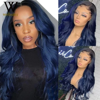 Websterwigs Ombre Dark Blue Synthetic Lace Front Wig for Women High Temperature Hair Middle Part Long