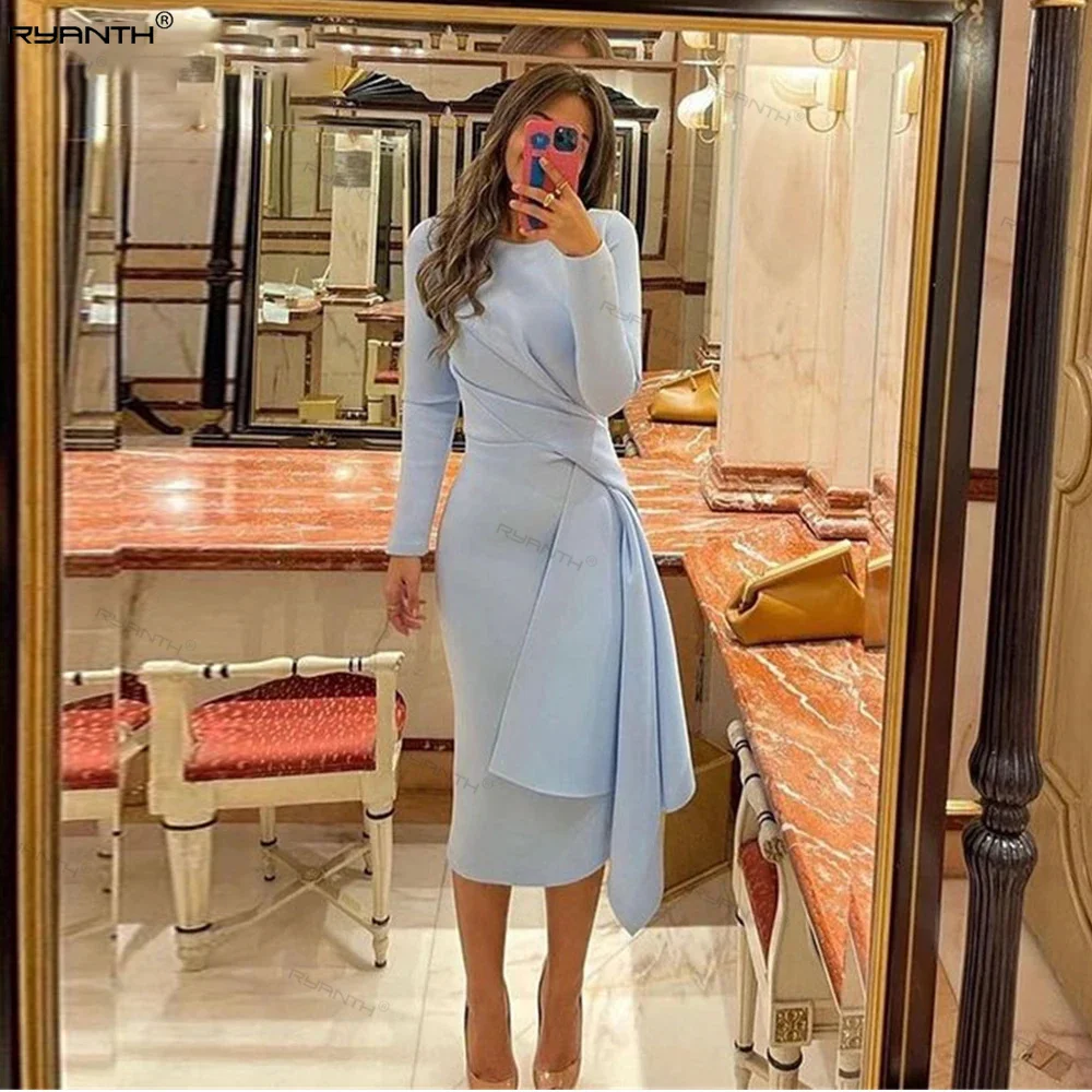 

Ryanth Pink Short Evening Dress Simple Prom Dress Formal Occasion Party Dress Long Sleeves Prom Gowns Tea Length 2024 Mermaid