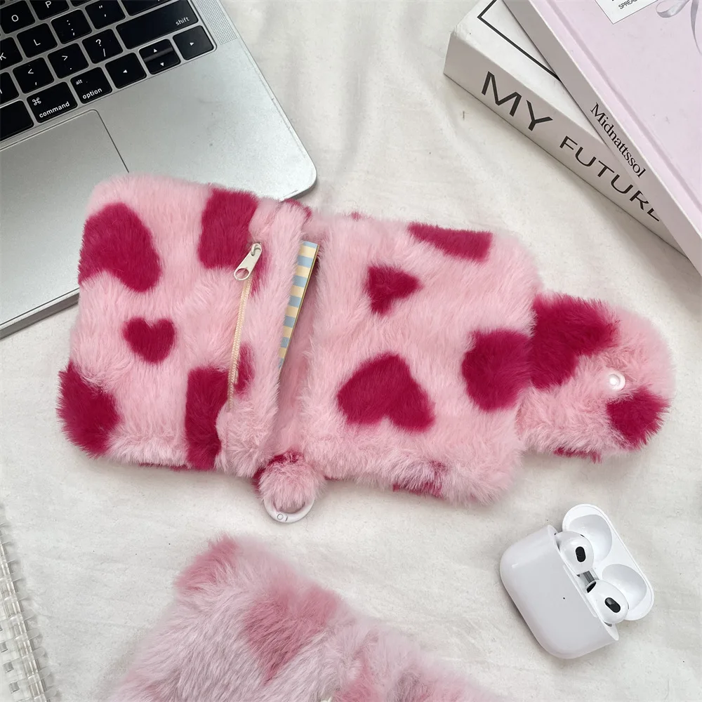 Plush Love Heart Print Coin Purse Double-fold Bank ID Card Holder for Girls Mini Wallet Portable Earphone Storage Bag Women Gift