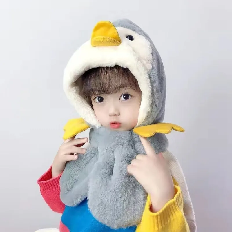 Autumn and Winter Cartoon Scarf One Piece Hat with Thick Windproof Ear Protection and Velvet for Boys Girls