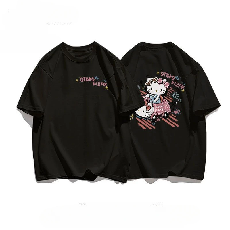 Camisetas casuales holgadas de manga corta con estampado de dibujos animados de Hello Kitty de Sanrio para niñas lindas Y2k Summers Hip-hop