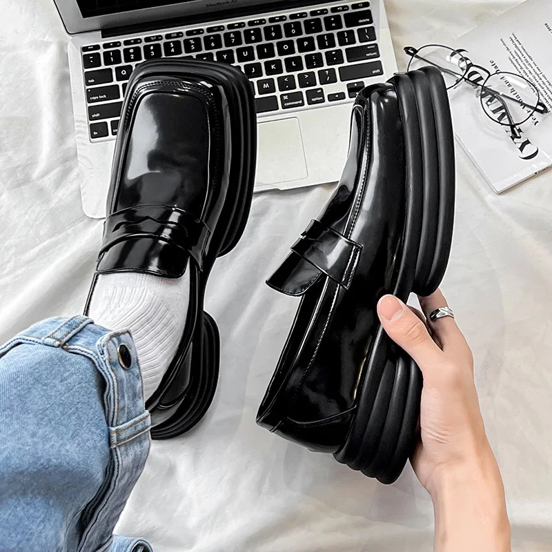 

mens casual business wedding dress natural leather shoes slip-on driving shoe breathable square toe loafers platform footwear