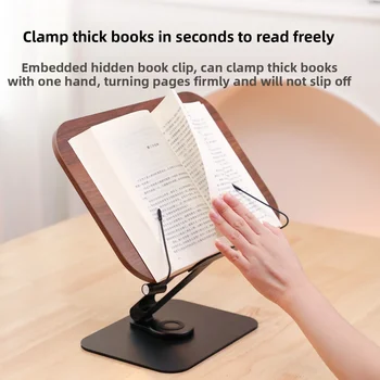 Desktop Book Stand for Reading with 360° Rotating Base Wooden Panel & Page Clips Foldable and Angle for Reading Book Holder 5