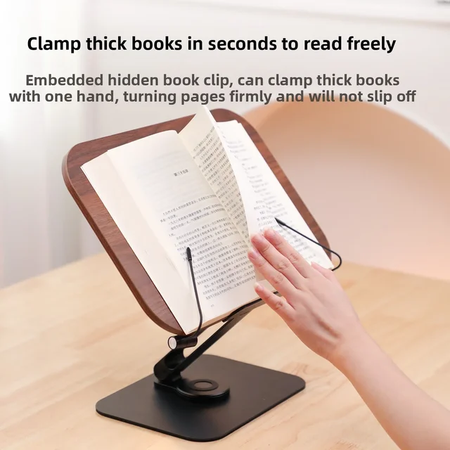 Desktop Book Stand for Reading with 360° Rotating Base Wooden Panel & Page Clips Foldable and Angle for Reading Book Holder 5