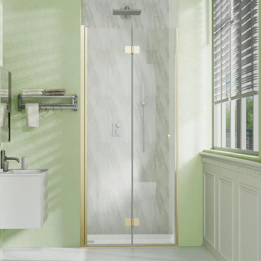 Frameless 32" W x 72" H Bifold Hinged Glass Shower Door Brushed Gold Left Installation Waterproof Seal Easy Entry and Exit 2