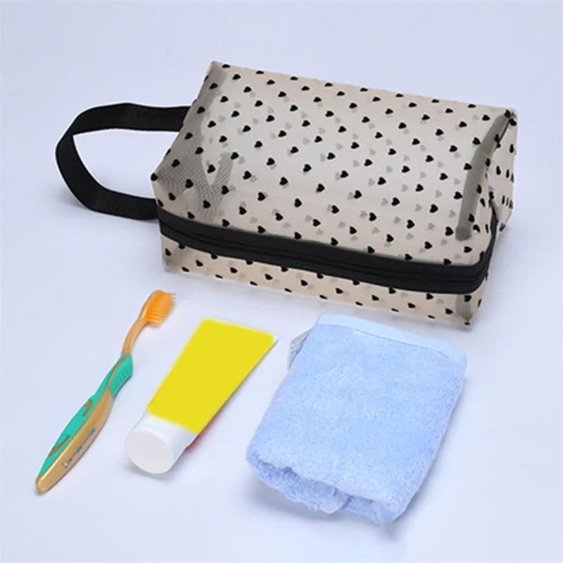 

Mesh Cosmetic Makeup Bags Case Holder Cute Transparent Zipper Black Heart Printed Pencil Pen Case Pouch Convenient To Carry