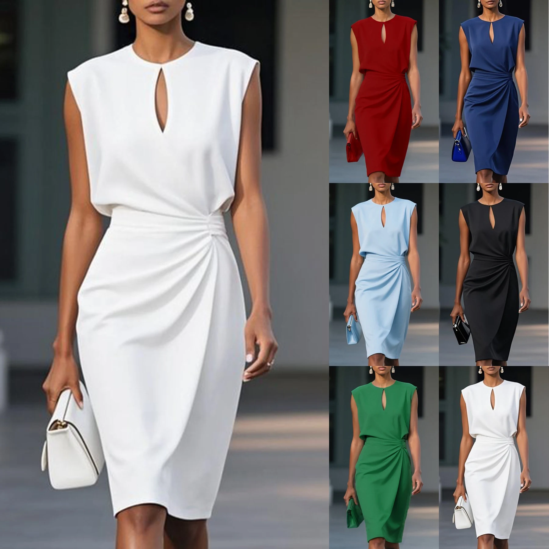 Elegantes Vintage-Kleid mit Kreuzmuster, einfarbig, geknoteter Rundhalsausschnitt, Cut-Outs, langes Kleid im Street-Style, Polycotton, ärmellos, hohe Taille, H-Linie