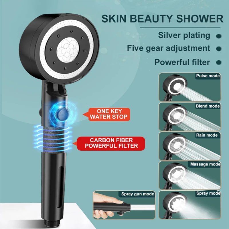 

High Pressure Shower Heads 6 Modes Filter One-key Stop Water Adjustable Bathroom Shower Hand-held Heads Bathroom Accessories