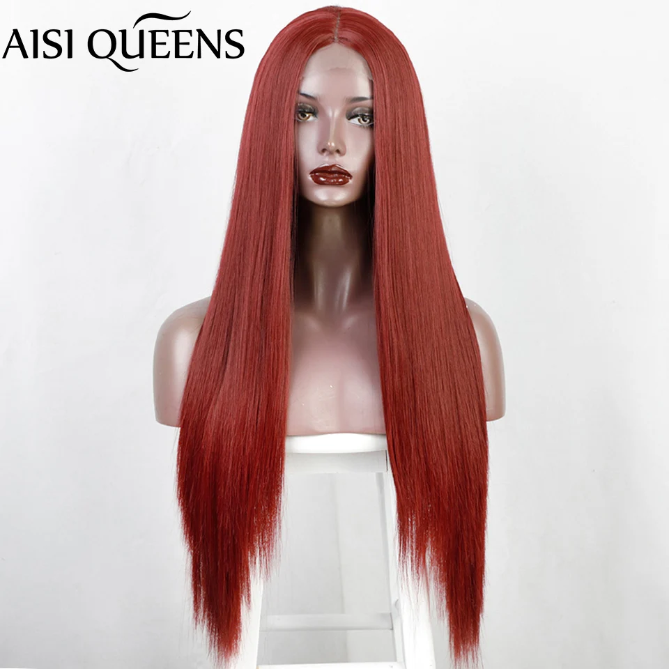 AISI QUEENS Synthetic Wigs Long Straight Red Lace Wigs for Women Black White Blonde Middle Part Hairline Wigs