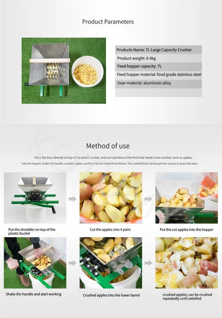 Amucolo 7L Manual Juicer Grinder, Portable Fruit Crusher with Wheel Stainless Steel Fruit Scratter Pulper, Green