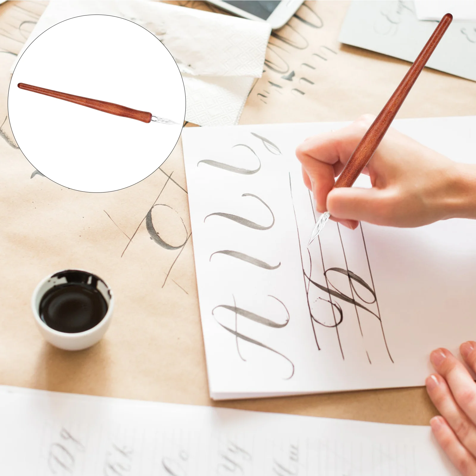 

The threaded design of the Glass Dip Pen with Wood Handle Art Drawing Pens Calligraphy Practicing Pen flow ink more evenly.