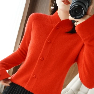 

2024 New Women Autumn Winter Stand Collar Cardigan Coat Female Solid Color Knitted Jackets Ladies Loose Sweater Overcoats Z388