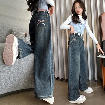 Girls Embroidered Pink Bow Jeans 1