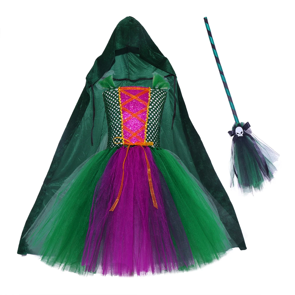 Hocus Pocus Halloween Carnival Tutu Dress Bambini Strega Costume Witch Sisters Dress Up Girls Dress Princess Tulle Long Dress